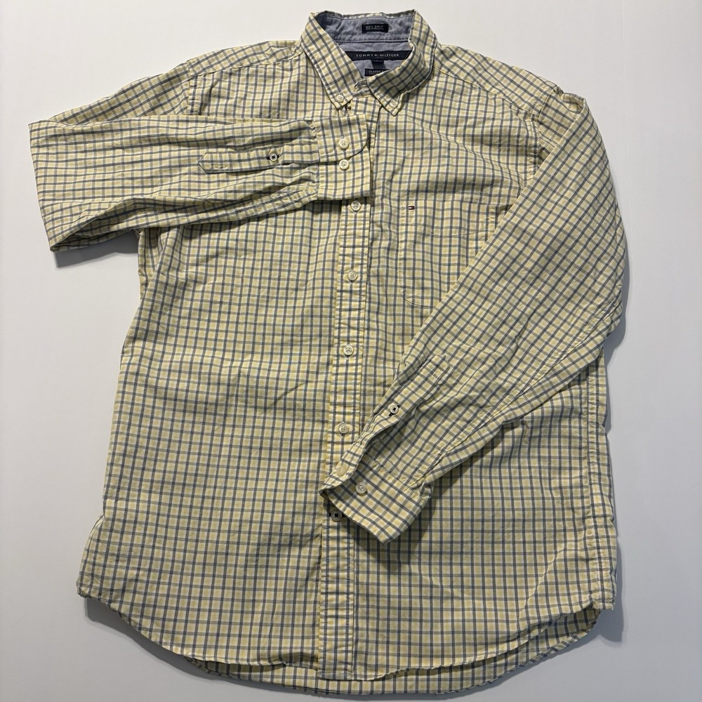 Tommy Hilfiger Men's Medium Classic Fit Plaid Shirt Yellow Blue Cotton - Picture 3 of 11